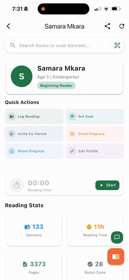 Searching for a book and logging a reading session in Pagine