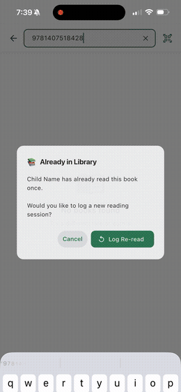 Scanning a book's barcode in Pagine and the book being found and added to a child's library